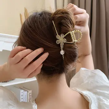 Корейская большая заколка для волос в виде золотого металлического цветка для женщин, заколка с жемчужным закручиванием, зажимы для волос 2022, Новый головной убор, аксессуары для волос