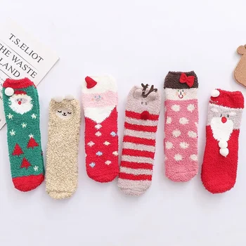Осенне-зимние новые домашние рождественские носки из кораллового бархата с объемной мультяшной вышивкой в пол