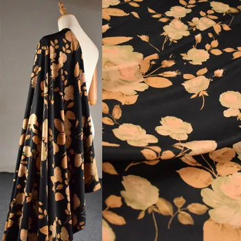 Полуметровое черное дно China Wind с крупным цветочным принтом, эластичная однотонная атласная ткань для платья Cheongsam, ткань Han T1888