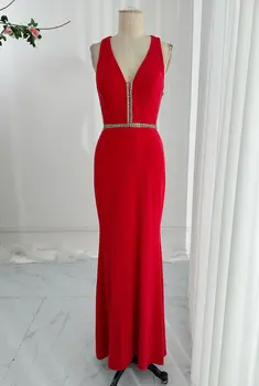 Красная сексуальная юбка M2158 с глубоким V-образным вырезом без рукавов, тонкая, расшитая бисером Русалка, вечернее платье для банкета, юбка для вечеринки, M2158