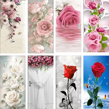 Изготовленные на заказ Романтические 3D наклейки с розами на дверь, цветочные Водонепроницаемые обои, ПВХ Самоклеящаяся наклейка на дверь для домашнего декора спальни