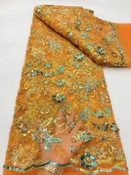 Африканская элегантная кружевная ткань из тюля с бисером, Нигерия, Роскошная вышивка пайетками ручной работы, Сетка 5 ярдов Ткани для пошива свадебных платьев