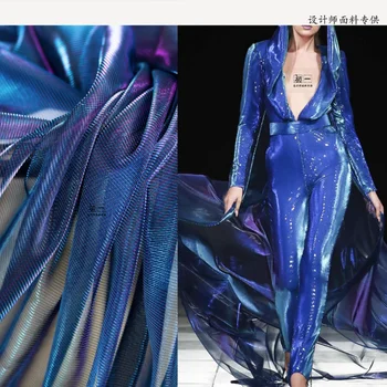 Синяя Фиолетовая Дымчатая Сетчатая ткань с лазерным градиентом, выдолбленная для свадебного украшения, дизайнер одежды для выступлений на сцене, ткань для шитья
