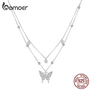 Bamoer Двухслойное ожерелье с бабочкой из стерлингового серебра 925 пробы с кисточкой для женщин, подарок на помолвку, изысканные ювелирные изделия BSN308