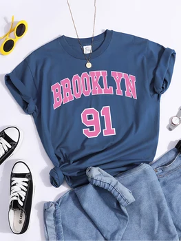 Женская футболка с городским принтом Бруклина 91, США, мягкая спортивная свободная футболка в стиле хип-хоп, уличная трендовая футболка, удобные повседневные футболки