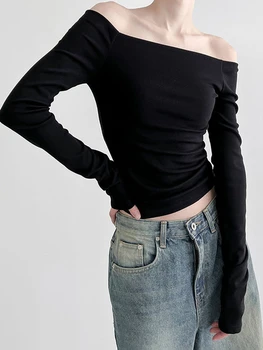 Женский укороченный топ Y2k с длинным рукавом и открытыми плечами, однотонные облегающие футболки, весенне-осенняя уличная мода