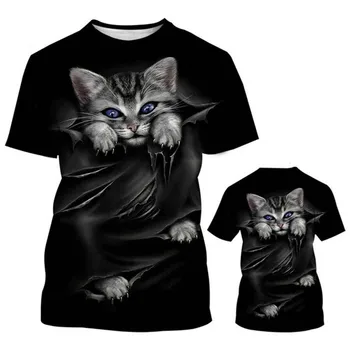 Мужская повседневная футболка с круглым воротником и милым животным рисунком кошки с 3D-принтом, модная свободная уличная индивидуальность, удобная верхняя футболка