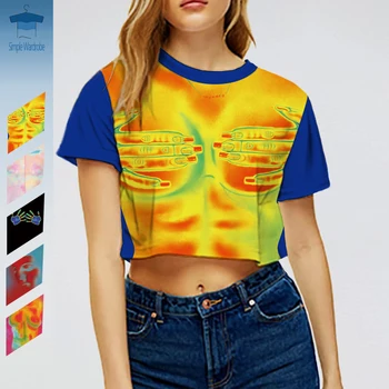 Ретро-эстетика Millennium Y2K, сексуальные инфракрасные короткие футболки с круглым вырезом для женщин, летний укороченный топ в стиле харадзюку с 3D-принтом