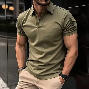 летняя новая мужская рубашка поло с нарукавным карманом 2024 года, однотонная футболка с короткими рукавами