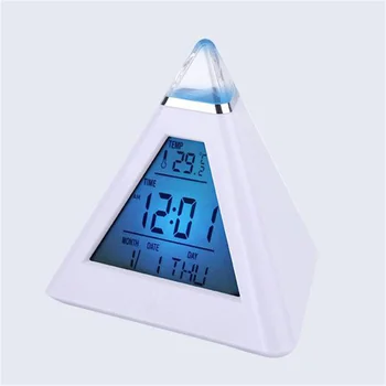 Цифровой светодиодный будильник, 7 цветов, меняющий ночную подсветку, отображение времени и температуры, настольные часы пирамидальной формы