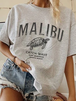 Женская футболка с принтом морской черепахи Malibu Catch Wave, винтажные повседневные топы с круглым вырезом, модные уличные женские футболки с индивидуальностью
