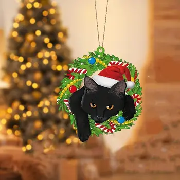 6шт Акриловых рождественских украшений с черным котом, Двусторонняя подвеска со шляпой Санта-Клауса, 2D рождественское украшение