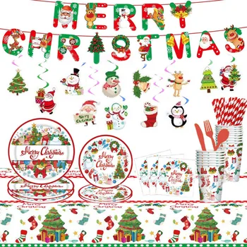 10шт Рождественских наборов посуды Мультфильм Санта Клаус Лось Рождественская елка Бумажные тарелки Салфетка Веселые рождественские принадлежности Natal Navidad 2023