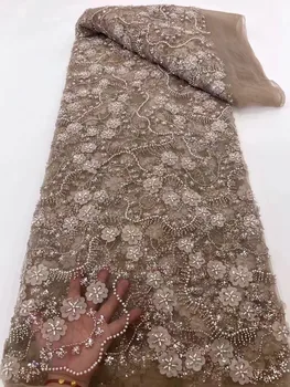 2023 Высококачественная Африканская кружевная ткань с 3D цветочной вышивкой бисером, кружевная ткань из французского тюля ручной работы для свадебного платья