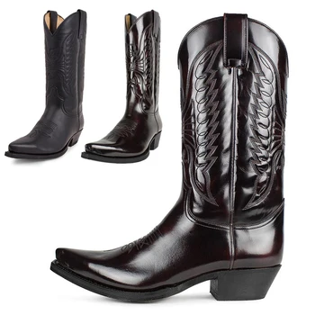 Мужские ковбойские сапоги в западном стиле, зимняя кожаная обувь, высокие сапоги с вышивкой, парная обувь, Легкий удобный плюс размер 35-48