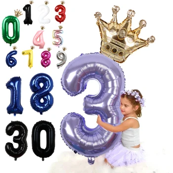 1Шт 32-дюймовые большие 40-дюймовые воздушные шары из фольги с цифрами 1 2 3 4 5 6 лет с короной для мальчиков и девочек, украшение воздушными шарами с Днем рождения