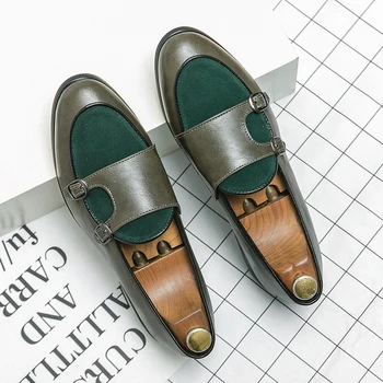 Новая мелкая обувь, Зеленые лоферы, Модная брендовая мужская обувь с двойной пряжкой, Итальянская Классическая Повседневная обувь без застежки, Роскошная Дизайнерская обувь