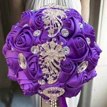 1шт/лот Фиолетовый свадебный букет Слоновая кость Атласная роза Искусственные цветы Брошь Брак Горный хрусталь Свадебные букеты для подружек невесты