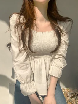 Женские блузки, модные шикарные топы в корейском стиле, весенне-летняя рубашка с баской и квадратным воротником с длинными рукавами, милая тонкая блузка 2023 года выпуска