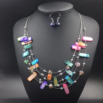 Женские украшения Kymyad с геометрическими ракушками, многослойные ожерелья, Многоцветный набор женских украшений из хрустальных ракушек, ожерелья и серьги