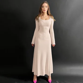 Женское платье трапециевидной формы с квадратным вырезом для поездок на работу, однотонное базовое платье с расклешенными рукавами YJ23388PF