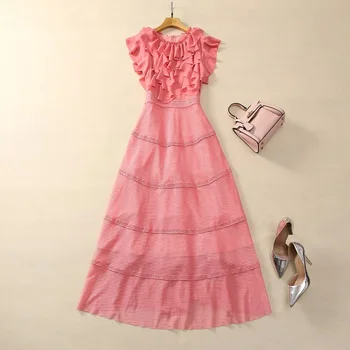 Новейшее Модное Длинное платье 2024, Летнее Женское платье с каскадными оборками, Цветочное Лоскутное платье, Сексуальное Длинное Розовое Черное Элегантное платье Макси Vestidos
