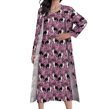 Трехцветное платье Corgi Cherry Blossom Kawaii Maxi Dress, уличная одежда, повседневные длинные платья, женские платья с длинным рукавом и принтом, большие размеры, Vestidos