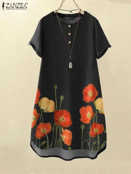 ZANZEA 2023 Летний Женский халат трапециевидной формы, повседневный Свободный сарафан с коротким рукавом, круглый вырез, платье до колен, женское винтажное платье с цветочным принтом