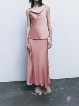 2023 Новая женская мода, Универсальный Шелковый Скользкий Розовый Темпераментный Комплект Ruili Sling Top и юбка