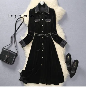 Женское бархатное платье Осень-зима, французские платья, винтажное платье трапециевидной формы от Хепберн, Элегантное Черное женское платье, новое поступление