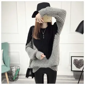2023 Новый осенний женский пуловер с гофрировкой, свободный джемпер, женский свитер с круглым вырезом и длинным рукавом в цветную блокировку для T648