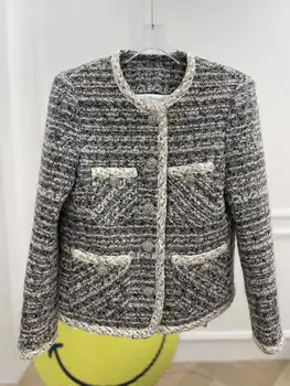 Летняя и осенняя новинка 2023 года, женская одежда в стиле ретро, универсальное твидовое пальто с четырьмя карманами 0915