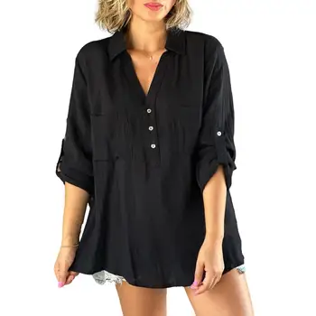 Рубашка с полубортной застежкой на пуговицы, универсальная весенне-осенняя рубашка с V-образным вырезом с отворотом и пуговицами, планка в пол, накладные карманы для удобства