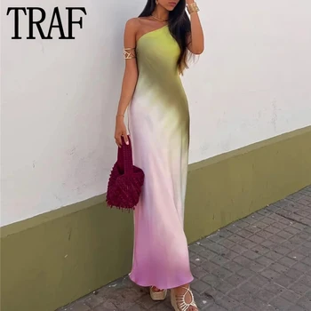Атласное длинное платье TRAF Tie Dye Женское Асимметричное платье с открытой спиной, летние платья Миди с открытыми плечами, Сексуальные вечерние платья для вечеринок