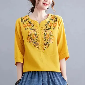 Женская хлопковая льняная блузка с вышивкой в этническом стиле, летняя модная Простая повседневная уличная рубашка, Свободные топы с коротким рукавом