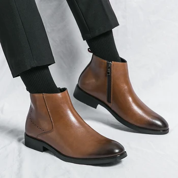 Мужские кожаные ботинки высокого класса, Повседневная деловая обувь для свиданий с острым носком на высоком каблуке, Официальная мода, Удобный тренд, Ботинки 
