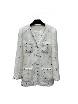 Вязаная куртка средней длины с бисером, повседневная мода 2024, осень, новинка 1025