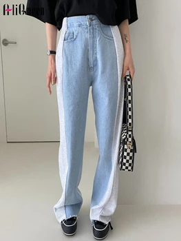 Корейские ретро брюки с высокой талией и двойным карманом, широкие джинсы в стиле пэчворк полной длины для женщин, джинсовые брюки, уличная одежда, джинсы с напуском