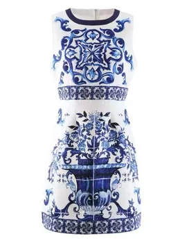 Модное летнее короткое платье для подиума, женское элегантное мини-платье без рукавов с сине-белым фарфоровым цветочным принтом, праздничное платье на бретелях
