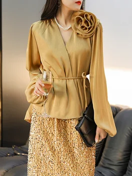 Женская винтажная атласная блузка с V-образным вырезом и перекрестным дизайном, рубашка с цветами, женские модные топы в стиле ретро Blusa Mujer LB049