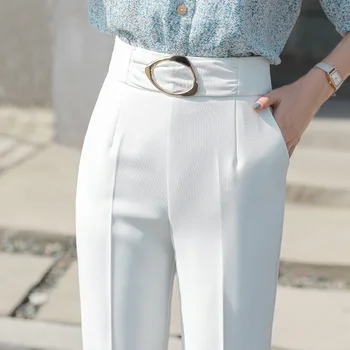 Белые брюки-сигареты, женские летние тонкие брюки для костюма длиной до щиколоток, женские прямые свободные брюки для делового костюма