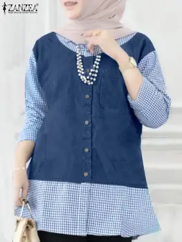 ZANZEA Модная джинсовая блузка в стиле пэчворк, осенние мусульманские топы, Женская рубашка в клетку с длинным рукавом, исламская одежда, повседневные блузки на пуговицах