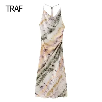 Платье Миди на бретельках TRAF, женские платья, лето 2023, тканые платья без рукавов с открытой спиной, вечерние платья для женщин, элегантное платье