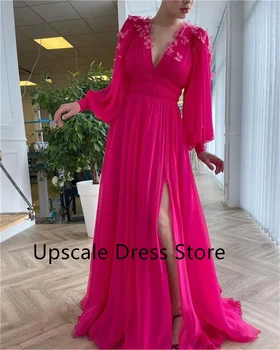 Новые ярко-розовые шифоновые платья для выпускного вечера С длинными пышными рукавами, вечерние платья трапециевидной формы с V-образным вырезом и разрезом, платья с 3D цветами-бабочками.