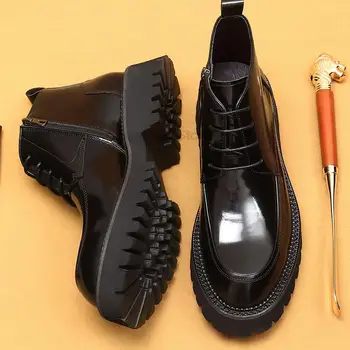 Высококачественные мужские кожаные ботинки Роскошные массивные ботинки Челси из натуральной кожи в стиле ретро, мужские черные ботильоны на молнии для обуви