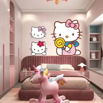 Наклейка на стену Kawaii Sanrio Рисунок Аниме Hello Kitty Наклейка на дверь Фон стены Гостиная Спальня Ребенок Девочка Домашнее хозяйство Милый