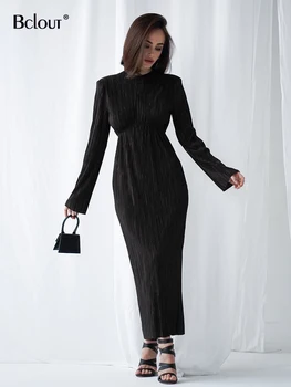 Bclout Элегантное плиссированное вечернее платье Женское 2023 Модное Черное с круглым вырезом и открытой спиной, сексуальные длинные платья, весенние вечерние платья с длинным рукавом