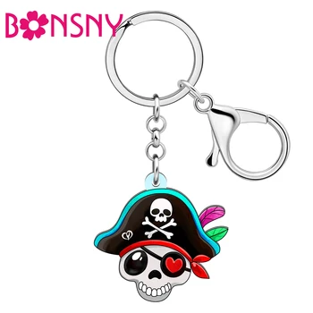 Bonsny Акриловые брелоки с черепами пиратов из мультфильма на Хэллоуин, брелки для ключей, цепочки для женщин, подарки для друзей, подростков, рюкзаки, автомобильные брелоки