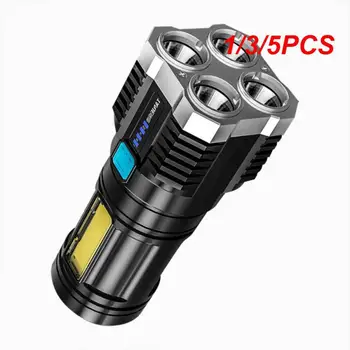 1/3 /5ШТ Мощный 4-х светодиодный фонарик USB Перезаряжаемый уличный мини-портативный фонарик с подсветкой тактического освещения COB LED