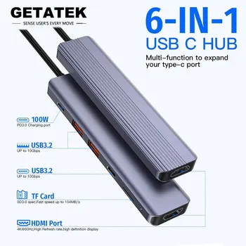 Getatek 6-в-1 USB C Концентратор Type C до 4K 60Hz HDMI Порт TF Карта PD 100 Вт Адаптер для Macbook Pro Air USB 3.2 Концентратор Аксессуары Для Ноутбуков